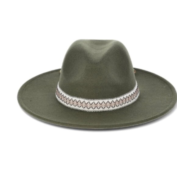 NEW Olive Felt Fedora Hat with Decorative Woven Fabric & Faux Suede Hat Band. - Picture 3 of 3